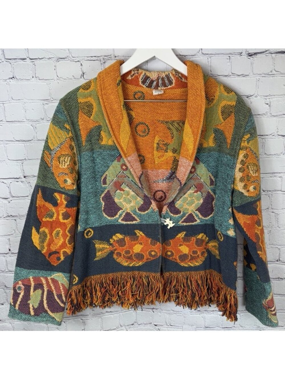 Vintage SANDY STARKMAN Women’s Boho Blazer Bright Quilt Jacket Fish Size Medium